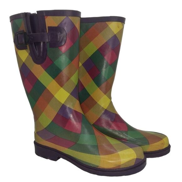 Merona Designer Womens Pre-owned Plaid Green/Yellow/Red Rain Boots - sz. 7 - Picture 1 of 6